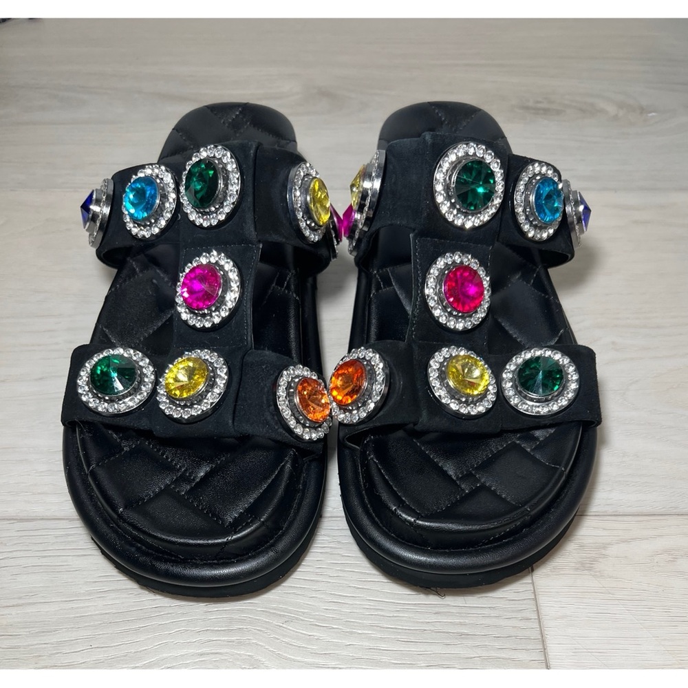 Kurt Geiger London Womens ORSON CRYSTAL Black Leather Slide Sandals Shoes Sz 9 - Picture 3 of 9